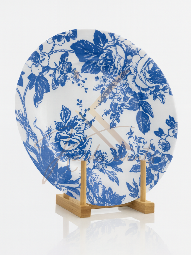 Assiette de presentation fleurie bleu